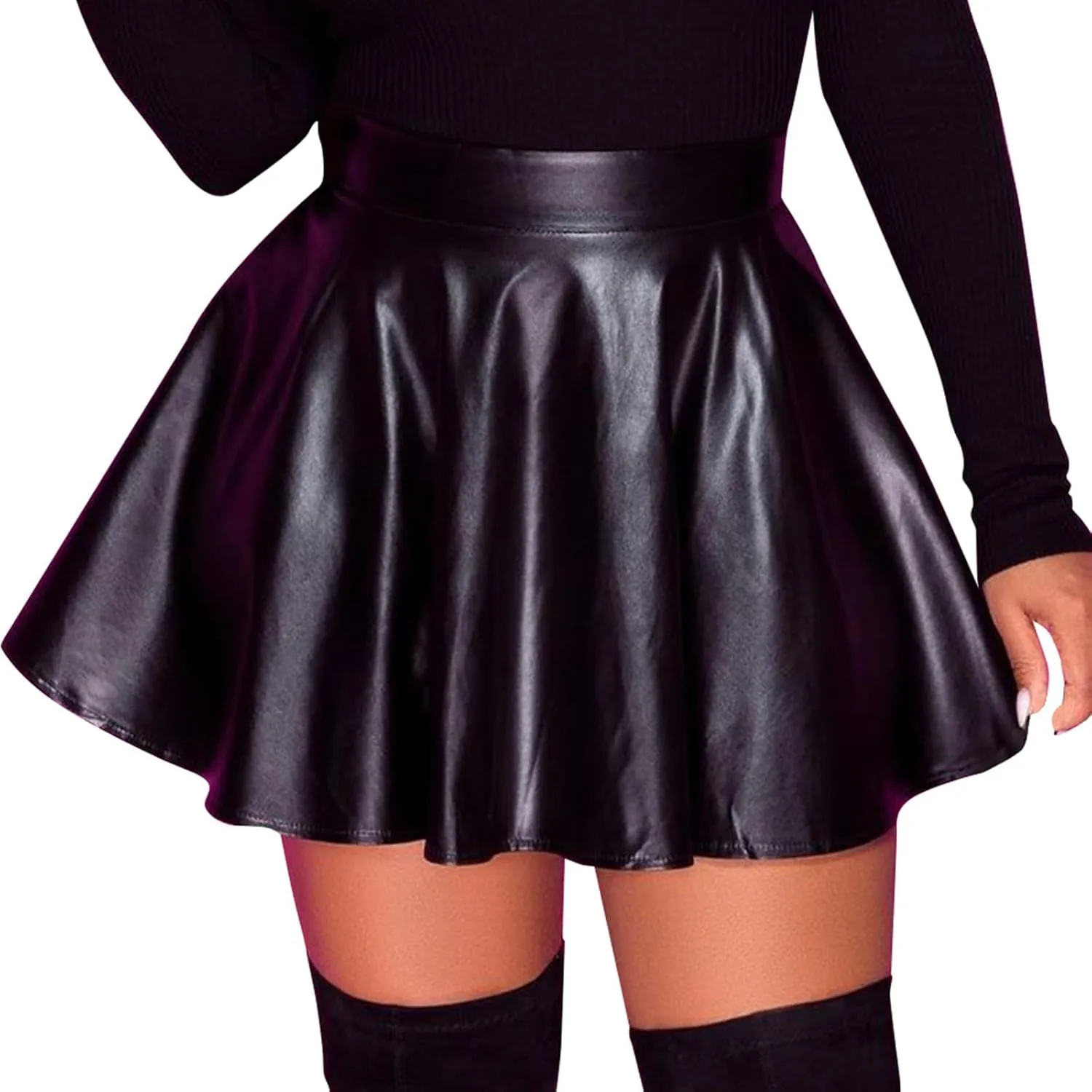 Pleated Skirts for Women Elegant Flowy Ruffle Long Leather Skirts Trendy High Waisted Solid Color Mini PU Skirt