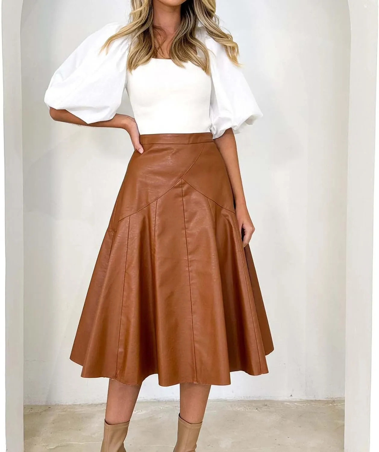 Pleated Skirts for Women Elegant Flowy Ruffle Long Leather Skirts Trendy High Waisted Solid Color Mini PU Skirt