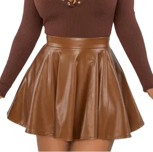 Pleated Skirts for Women Elegant Flowy Ruffle Long Leather Skirts Trendy High Waisted Solid Color Mini PU Skirt
