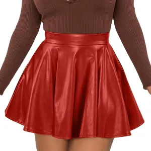 Pleated Skirts for Women Elegant Flowy Ruffle Long Leather Skirts Trendy High Waisted Solid Color Mini PU Skirt