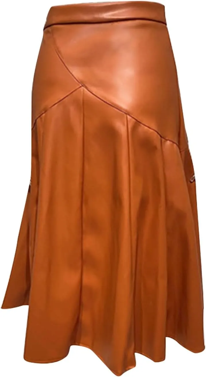 Pleated Skirts for Women Elegant Flowy Ruffle Long Leather Skirts Trendy High Waisted Solid Color Mini PU Skirt