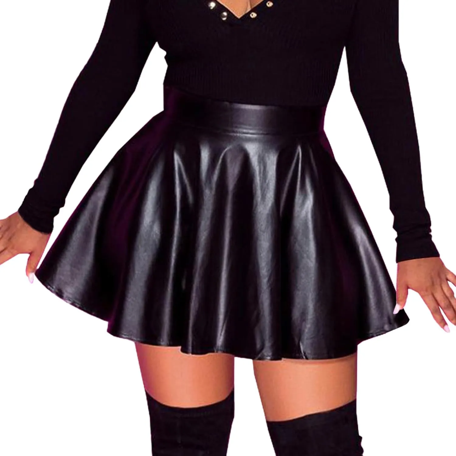 Pleated Skirts for Women Elegant Flowy Ruffle Long Leather Skirts Trendy High Waisted Solid Color Mini PU Skirt