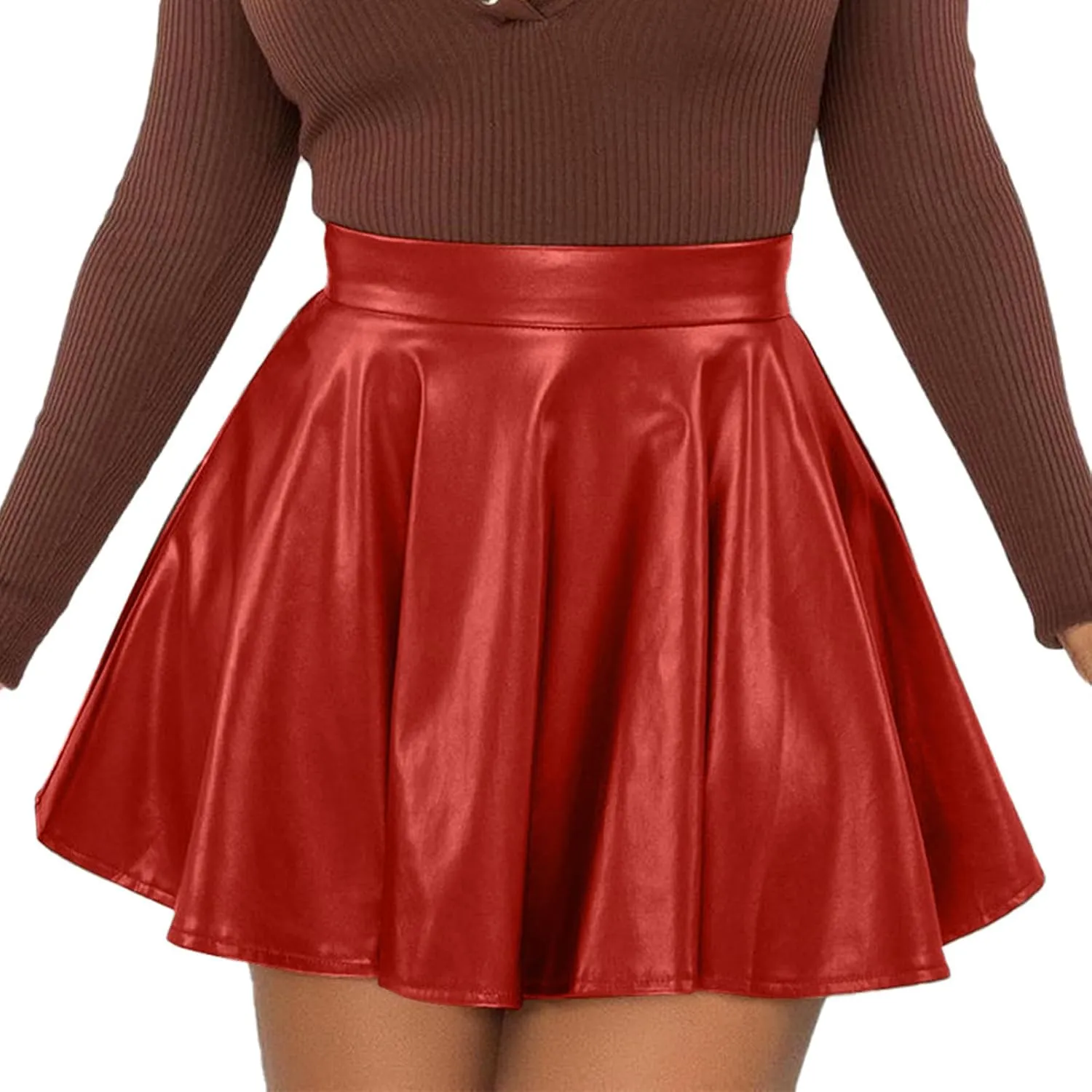 Pleated Skirts for Women Elegant Flowy Ruffle Long Leather Skirts Trendy High Waisted Solid Color Mini PU Skirt