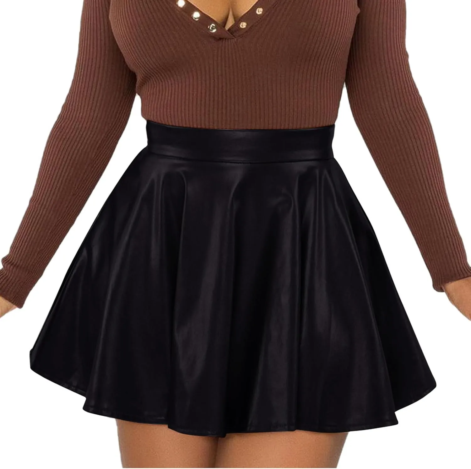 Pleated Skirts for Women Elegant Flowy Ruffle Long Leather Skirts Trendy High Waisted Solid Color Mini PU Skirt