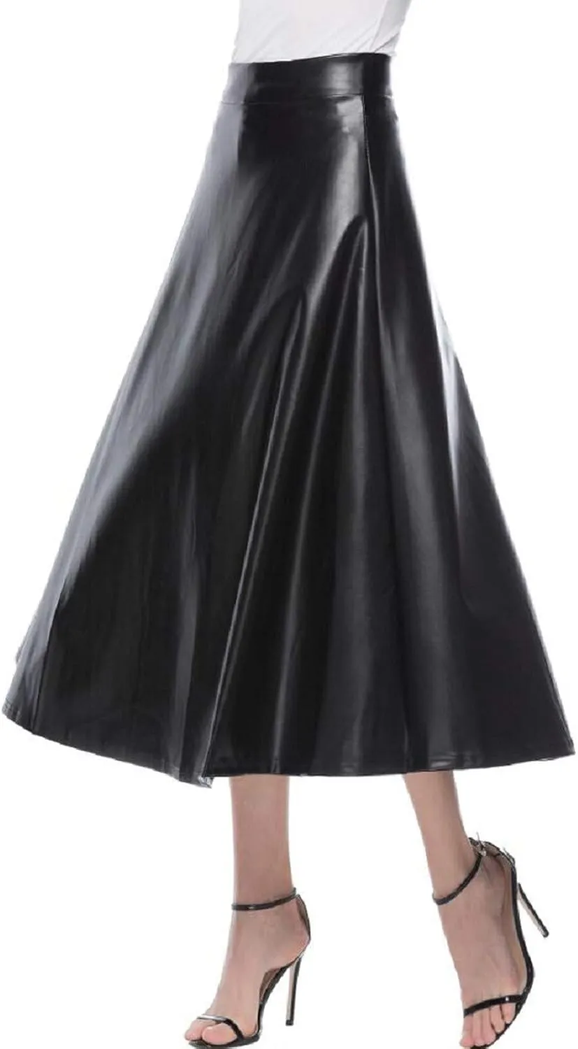 Pleated Skirts for Women Elegant Flowy Ruffle Long Leather Skirts Trendy High Waisted Solid Color Mini PU Skirt