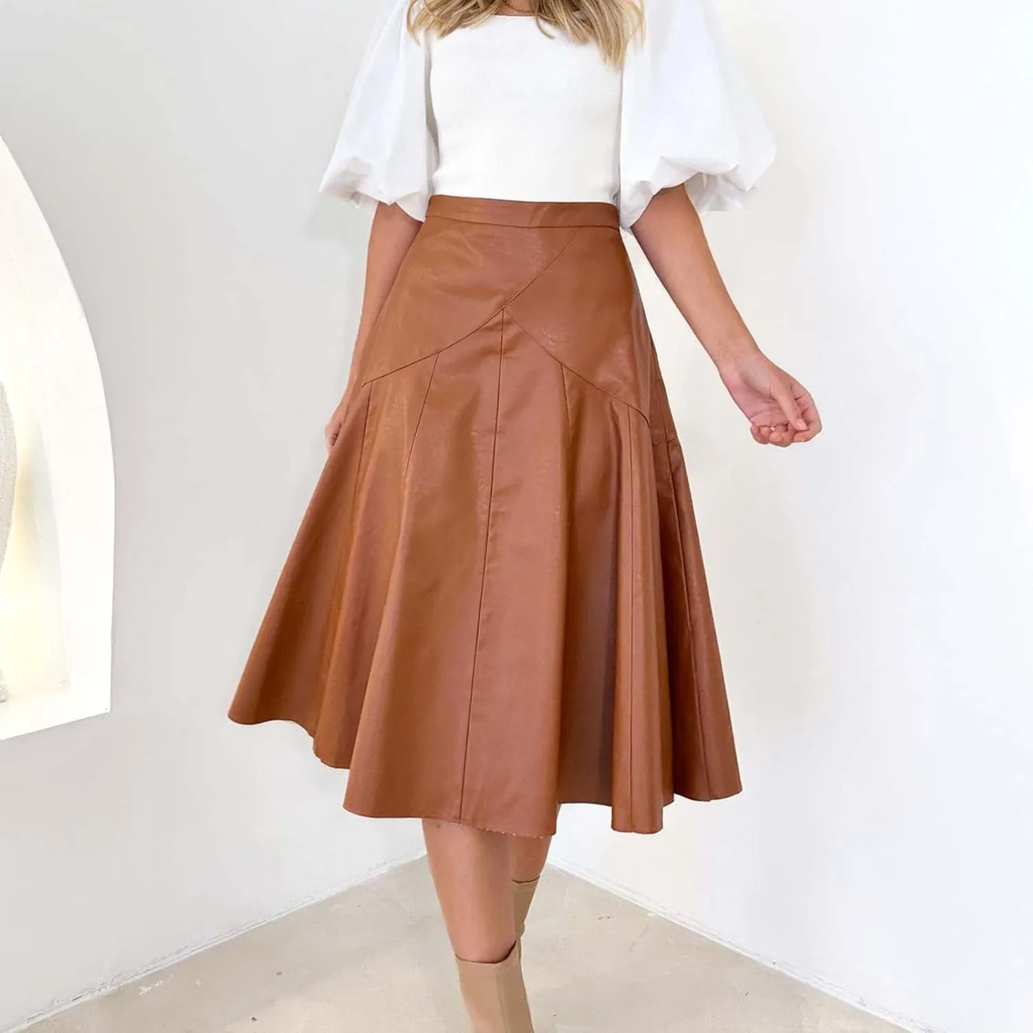 Pleated Skirts for Women Elegant Flowy Ruffle Long Leather Skirts Trendy High Waisted Solid Color Mini PU Skirt