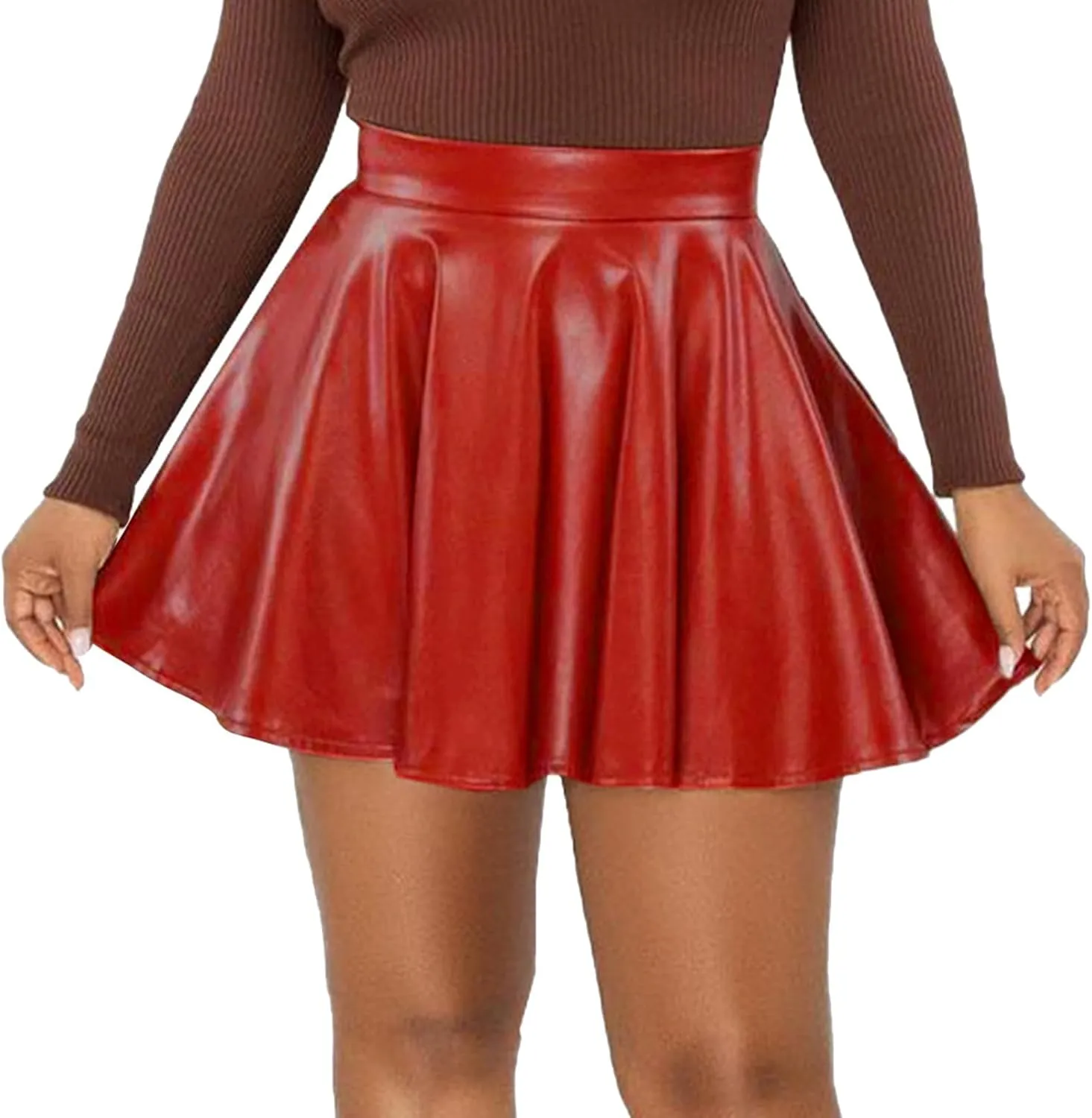 Pleated Skirts for Women Elegant Flowy Ruffle Long Leather Skirts Trendy High Waisted Solid Color Mini PU Skirt