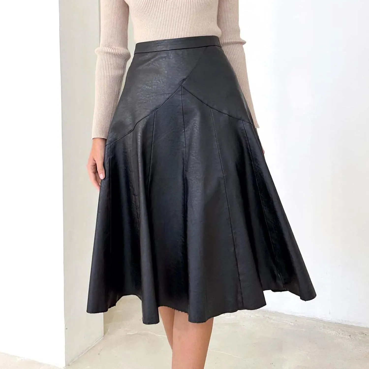 Pleated Skirts for Women Elegant Flowy Ruffle Long Leather Skirts Trendy High Waisted Solid Color Mini PU Skirt