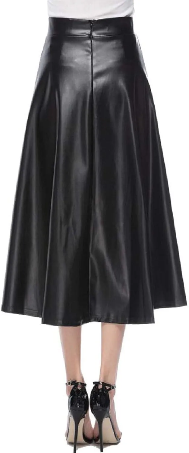 Pleated Skirts for Women Elegant Flowy Ruffle Long Leather Skirts Trendy High Waisted Solid Color Mini PU Skirt