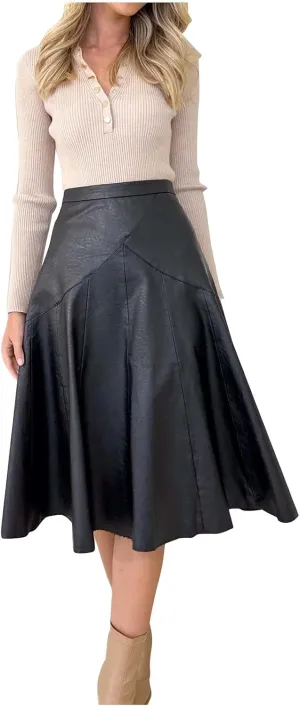 Pleated Skirts for Women Elegant Flowy Ruffle Long Leather Skirts Trendy High Waisted Solid Color Mini PU Skirt