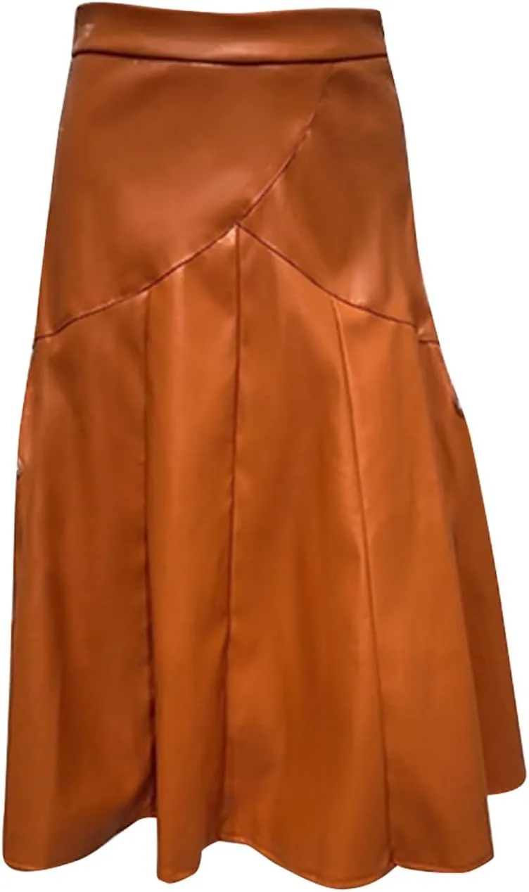 Pleated Skirts for Women Elegant Flowy Ruffle Long Leather Skirts Trendy High Waisted Solid Color Mini PU Skirt
