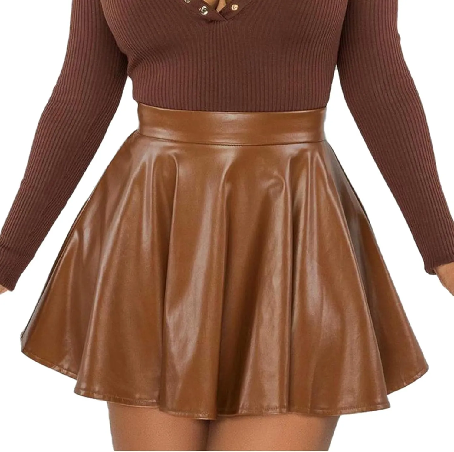 Pleated Skirts for Women Elegant Flowy Ruffle Long Leather Skirts Trendy High Waisted Solid Color Mini PU Skirt