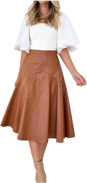 Pleated Skirts for Women Elegant Flowy Ruffle Long Leather Skirts Trendy High Waisted Solid Color Mini PU Skirt