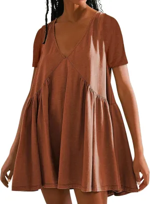 Plus Size Dress for Women Summer Loose V Neck Short Sleeve Mini Dresses Cute Lightweight Ruffle Hem Beach Sundress