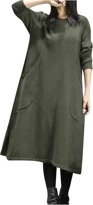 Plus Size Long Sweatshirt Dress for Women 2023 Fall Casual Crewneck Long Sleeve Midi Dress with Pockets Solid