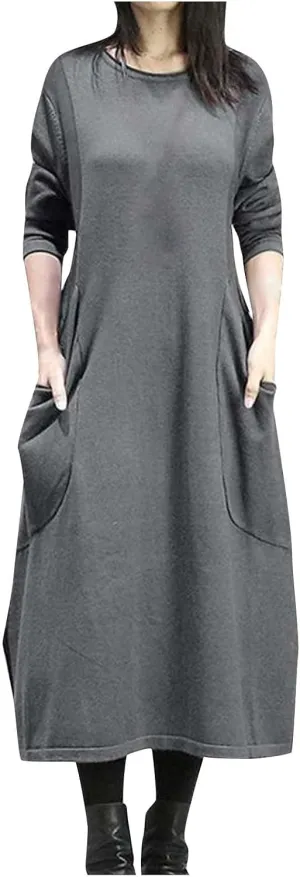 Plus Size Long Sweatshirt Dress for Women 2023 Fall Casual Crewneck Long Sleeve Midi Dress with Pockets Solid