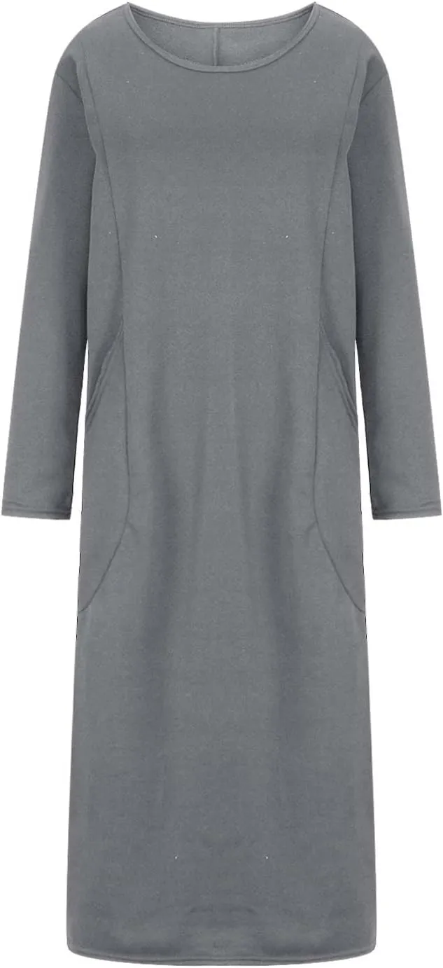 Plus Size Long Sweatshirt Dress for Women 2023 Fall Casual Crewneck Long Sleeve Midi Dress with Pockets Solid