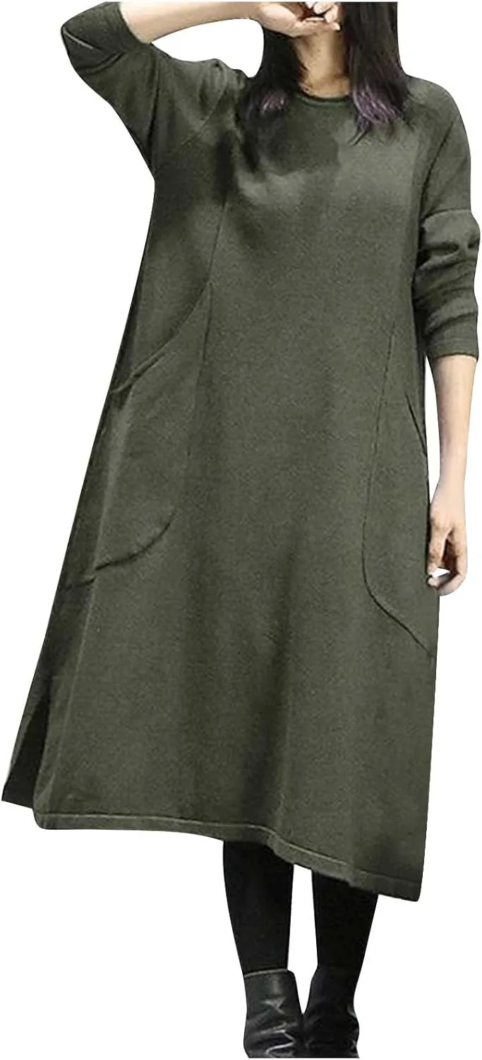 Plus Size Long Sweatshirt Dress for Women 2023 Fall Casual Crewneck Long Sleeve Midi Dress with Pockets Solid