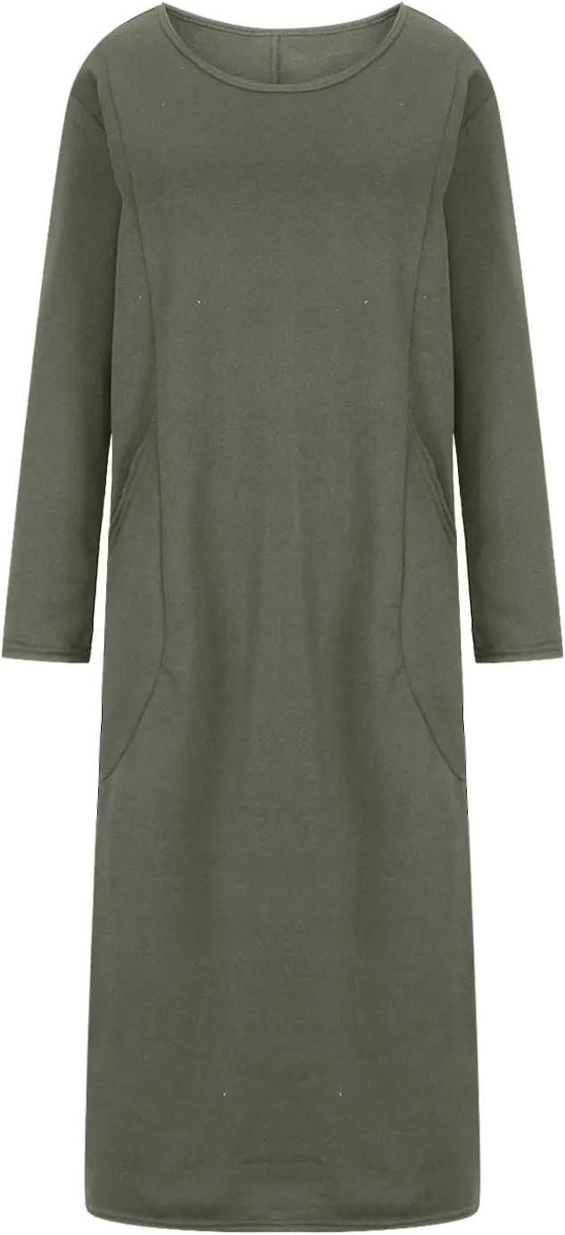 Plus Size Long Sweatshirt Dress for Women 2023 Fall Casual Crewneck Long Sleeve Midi Dress with Pockets Solid
