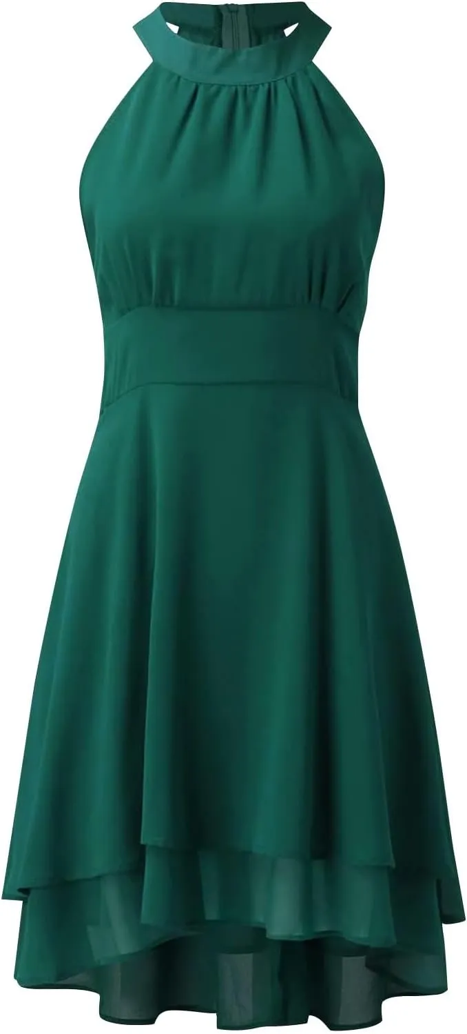 Plus Size Sexy Off The Shoulder Cocktail Dress for Women Trendy Sleeveless Chiffon Formal Ruched Midi Halter Dress