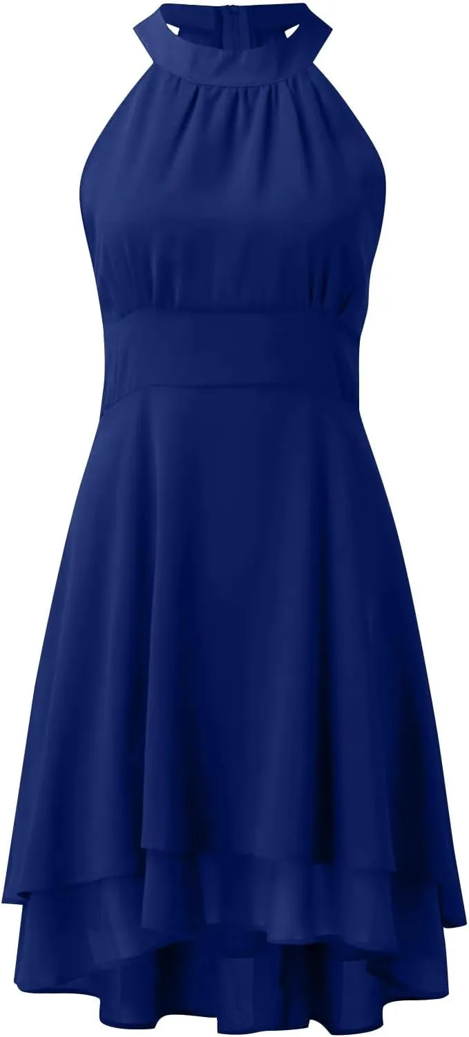 Plus Size Sexy Off The Shoulder Cocktail Dress for Women Trendy Sleeveless Chiffon Formal Ruched Midi Halter Dress