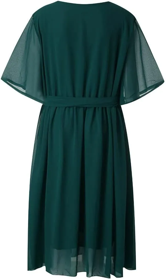 Plus Size Summer Dresses for Women Half Sleeve Chiffon Midi Dresses with Belt High Waist Elegant Flowy Casual Dress