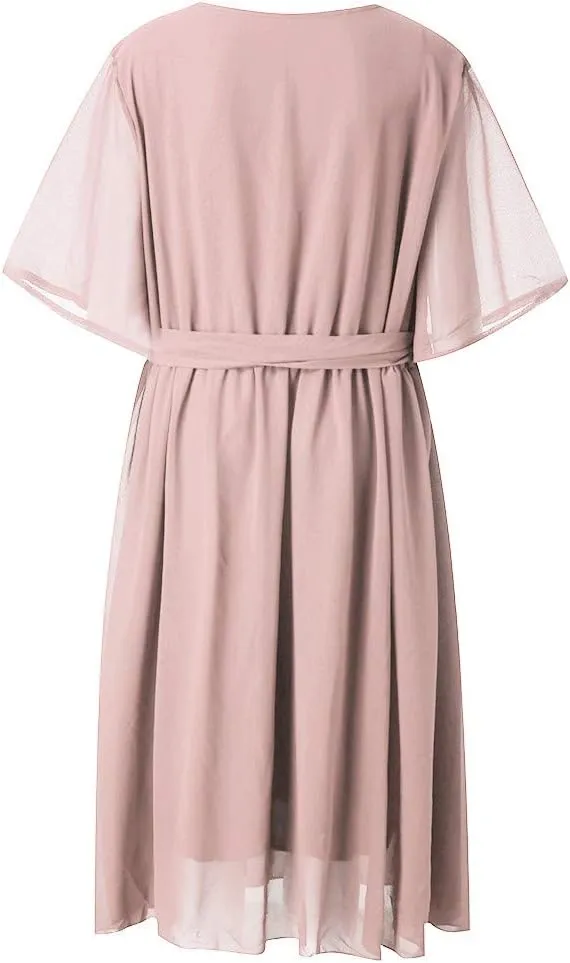 Plus Size Summer Dresses for Women Half Sleeve Chiffon Midi Dresses with Belt High Waist Elegant Flowy Casual Dress