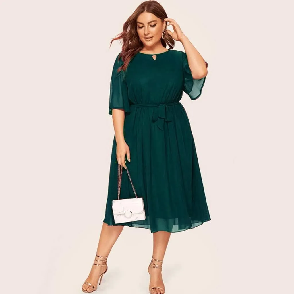 Plus Size Summer Dresses for Women Half Sleeve Chiffon Midi Dresses with Belt High Waist Elegant Flowy Casual Dress