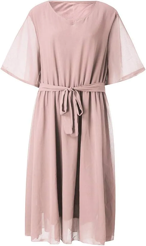 Plus Size Summer Dresses for Women Half Sleeve Chiffon Midi Dresses with Belt High Waist Elegant Flowy Casual Dress
