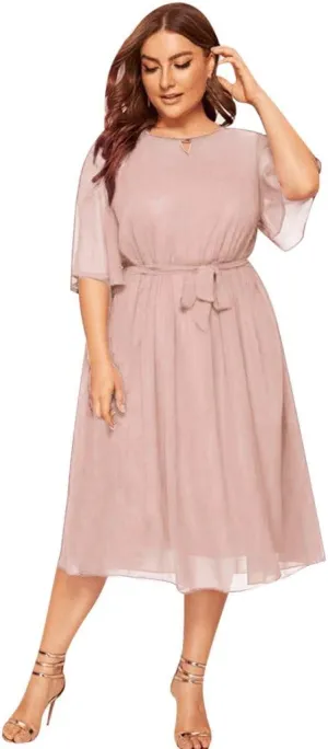 Plus Size Summer Dresses for Women Half Sleeve Chiffon Midi Dresses with Belt High Waist Elegant Flowy Casual Dress