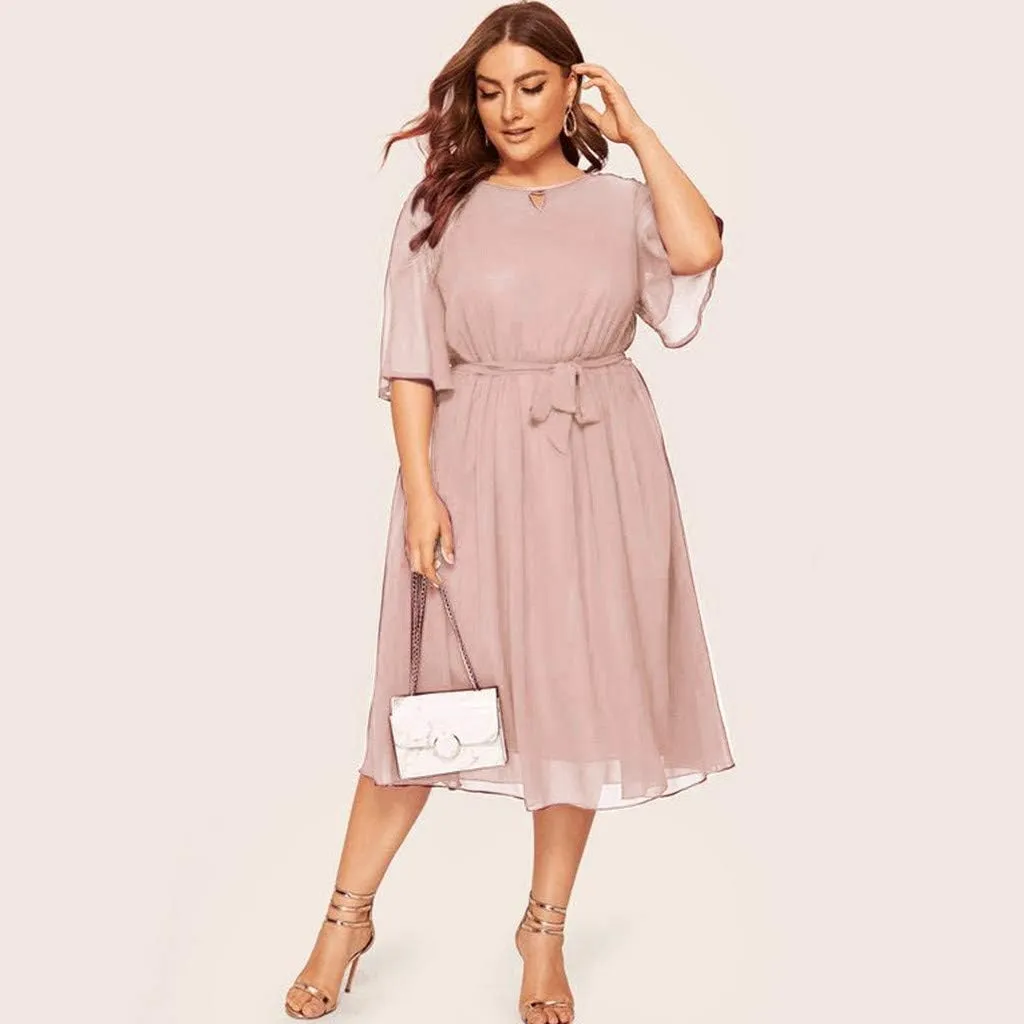 Plus Size Summer Dresses for Women Half Sleeve Chiffon Midi Dresses with Belt High Waist Elegant Flowy Casual Dress