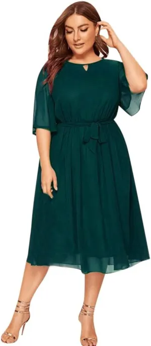 Plus Size Summer Dresses for Women Half Sleeve Chiffon Midi Dresses with Belt High Waist Elegant Flowy Casual Dress