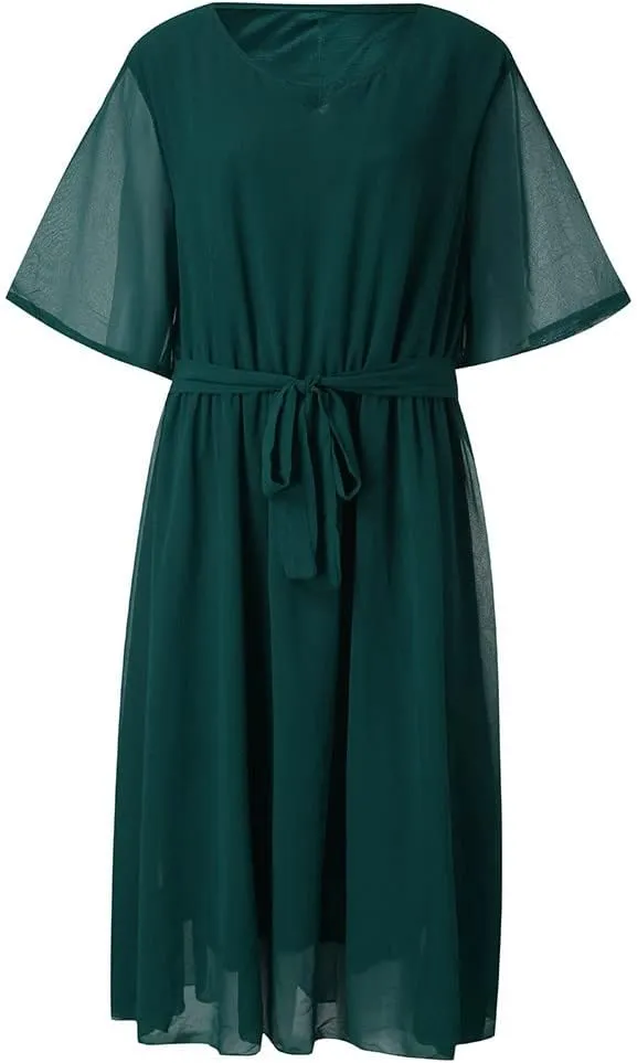 Plus Size Summer Dresses for Women Half Sleeve Chiffon Midi Dresses with Belt High Waist Elegant Flowy Casual Dress