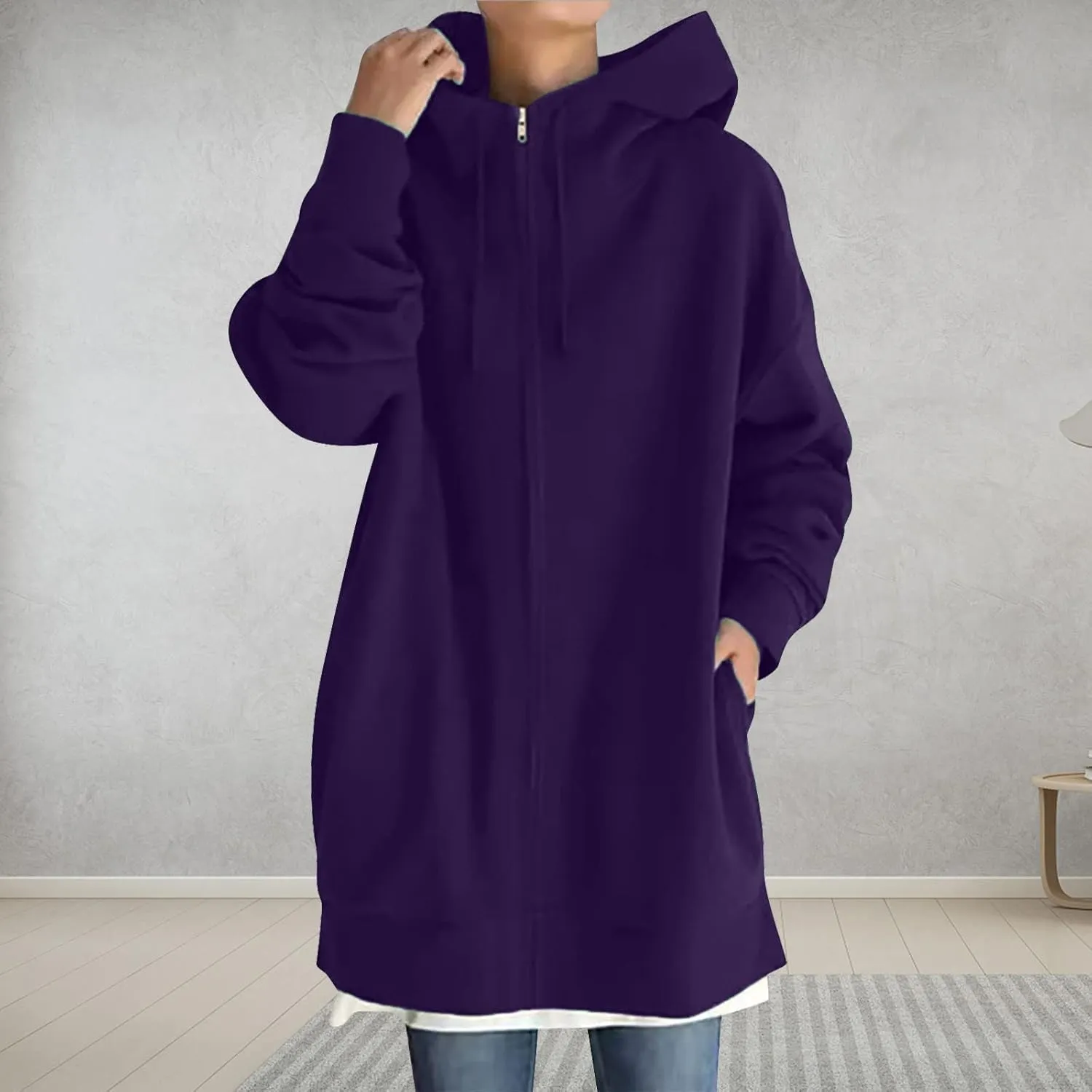 Plus Size Zip Up Hoodies For Women Casual Long Sleeve Hooded Long Sweatshirts Fall Fashion Winter Jackets With Pockets