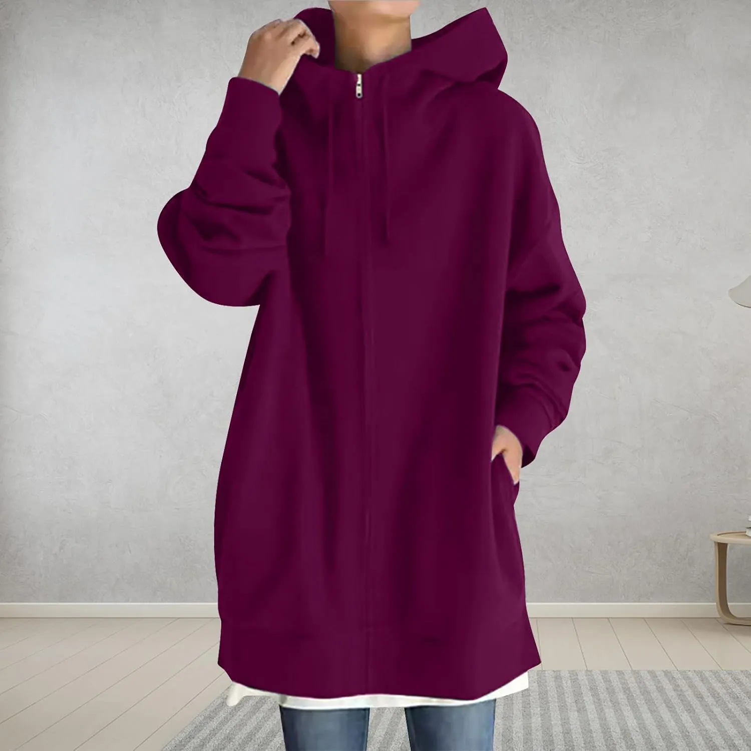 Plus Size Zip Up Hoodies For Women Casual Long Sleeve Hooded Long Sweatshirts Fall Fashion Winter Jackets With Pockets