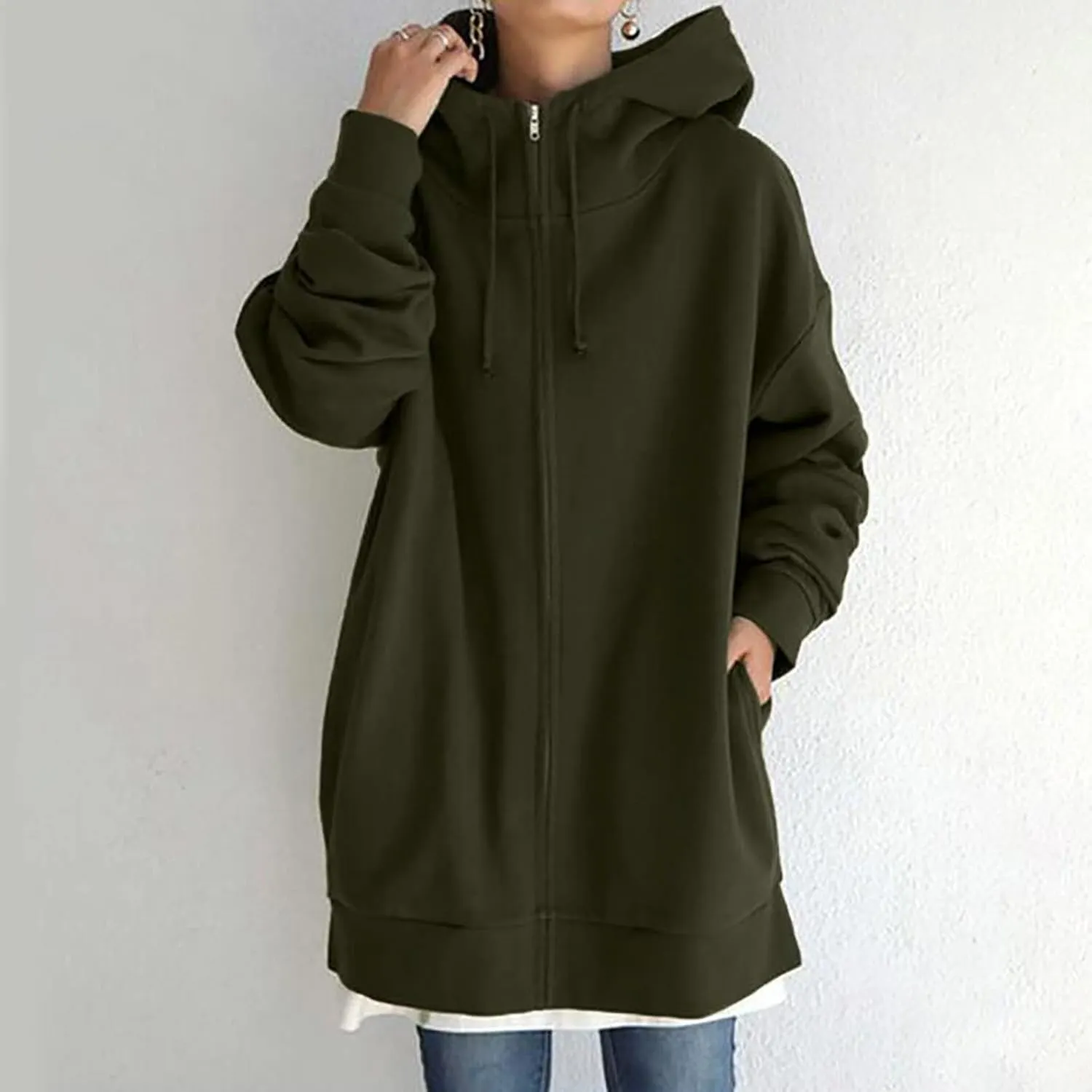 Plus Size Zip Up Hoodies For Women Casual Long Sleeve Hooded Long Sweatshirts Fall Fashion Winter Jackets With Pockets