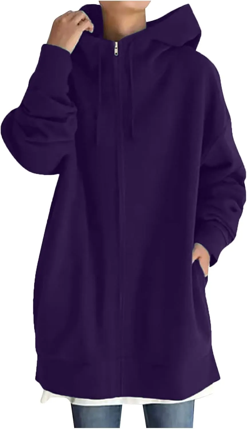 Plus Size Zip Up Hoodies For Women Casual Long Sleeve Hooded Long Sweatshirts Fall Fashion Winter Jackets With Pockets