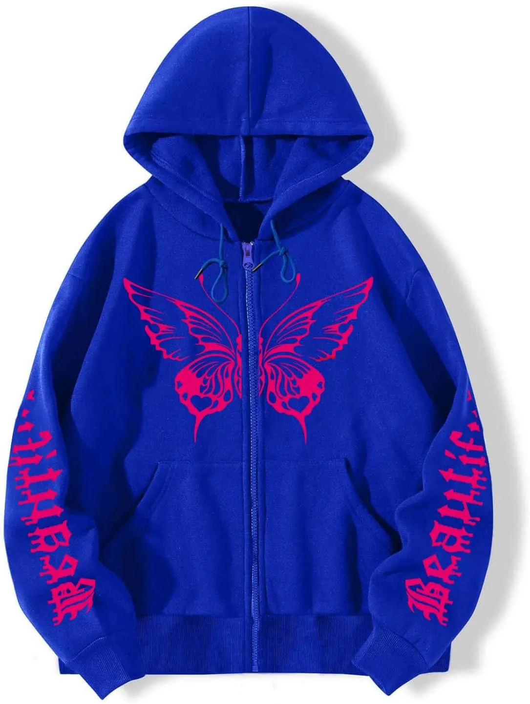 POHADON Butterfly Graphic Hoodies for Women Cyber Y2k Oversized Zip Up Pullover Aesthetic Sweatshirts Goth Alt Emo Streetwear