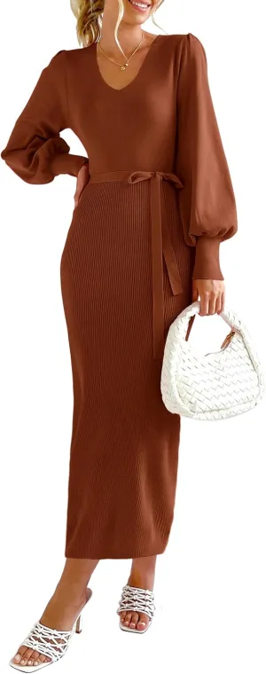 PRETTYGARDEN Women's Fall Knit Pullover Sweater Dress Elegant Long Lantern Sleeve V Neck Winter Maxi Bodycon Dresses