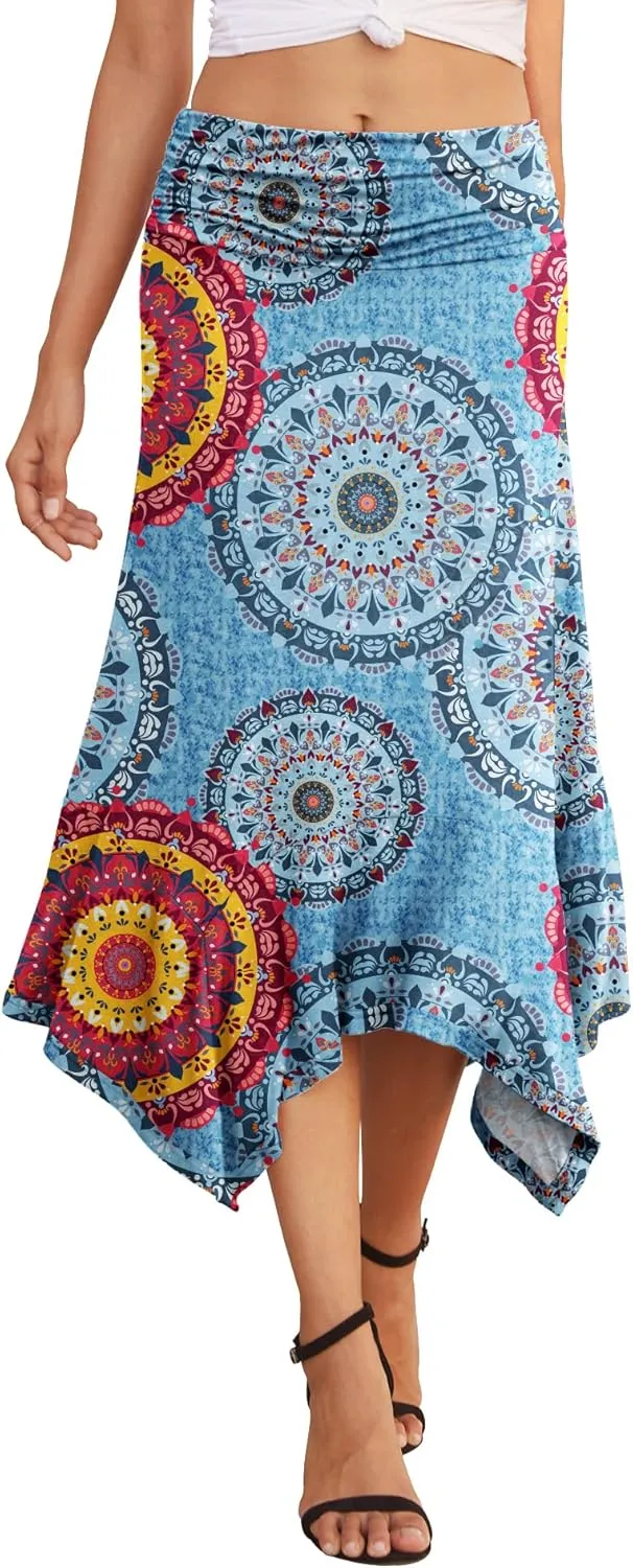 PrinStory Women's Casual Elegant Flowy Handkerchief Hemline Midi Skirt