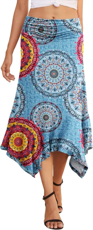 PrinStory Women's Casual Elegant Flowy Handkerchief Hemline Midi Skirt