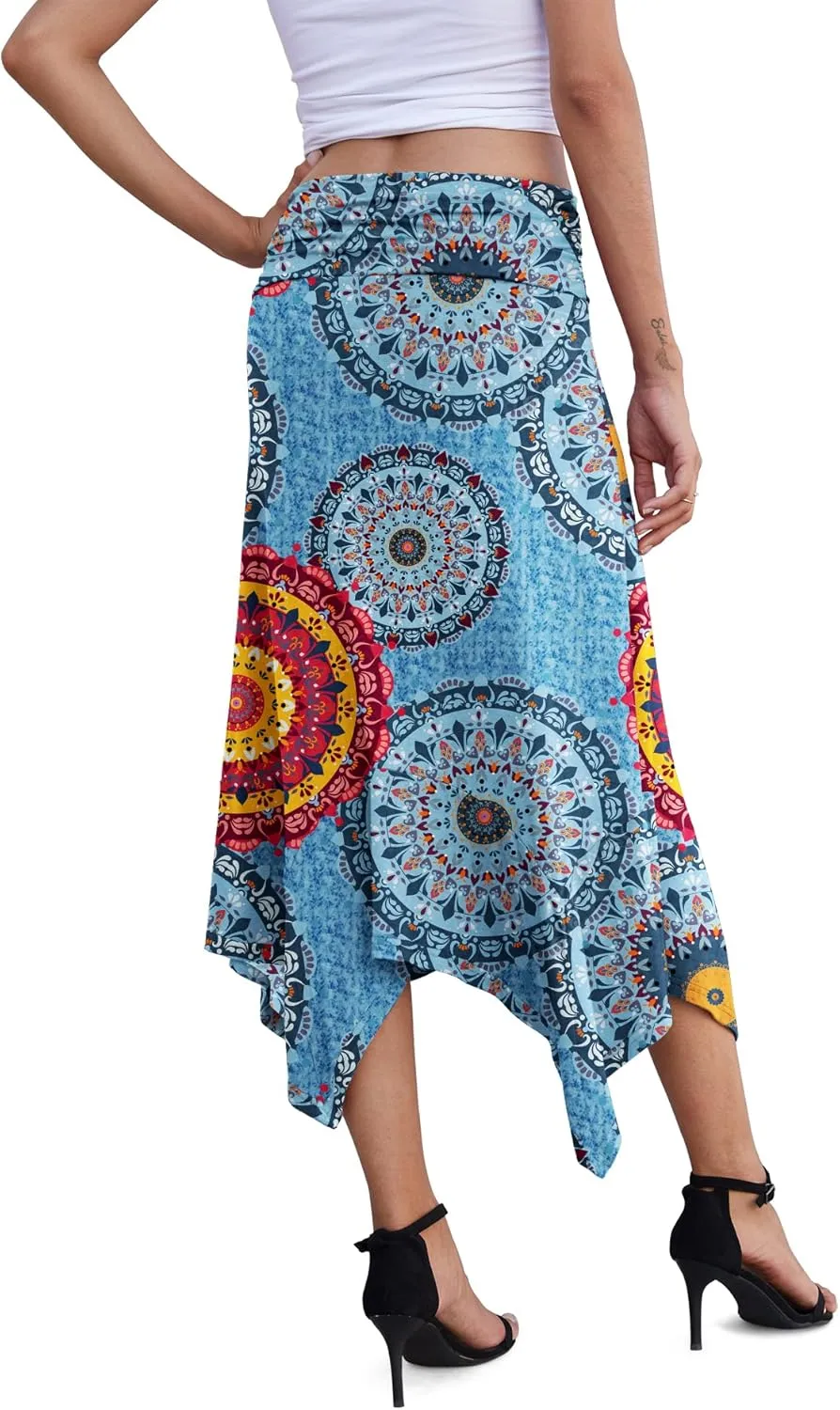 PrinStory Women's Casual Elegant Flowy Handkerchief Hemline Midi Skirt