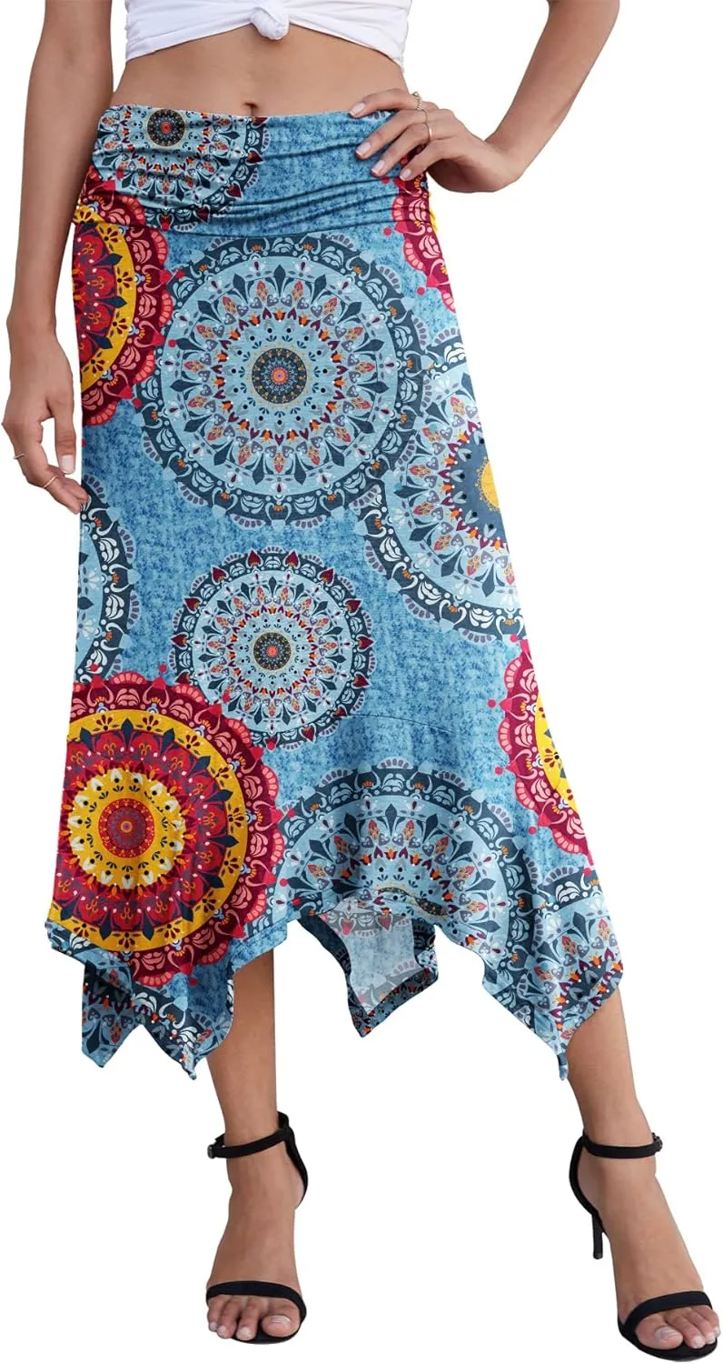 PrinStory Women's Casual Elegant Flowy Handkerchief Hemline Midi Skirt