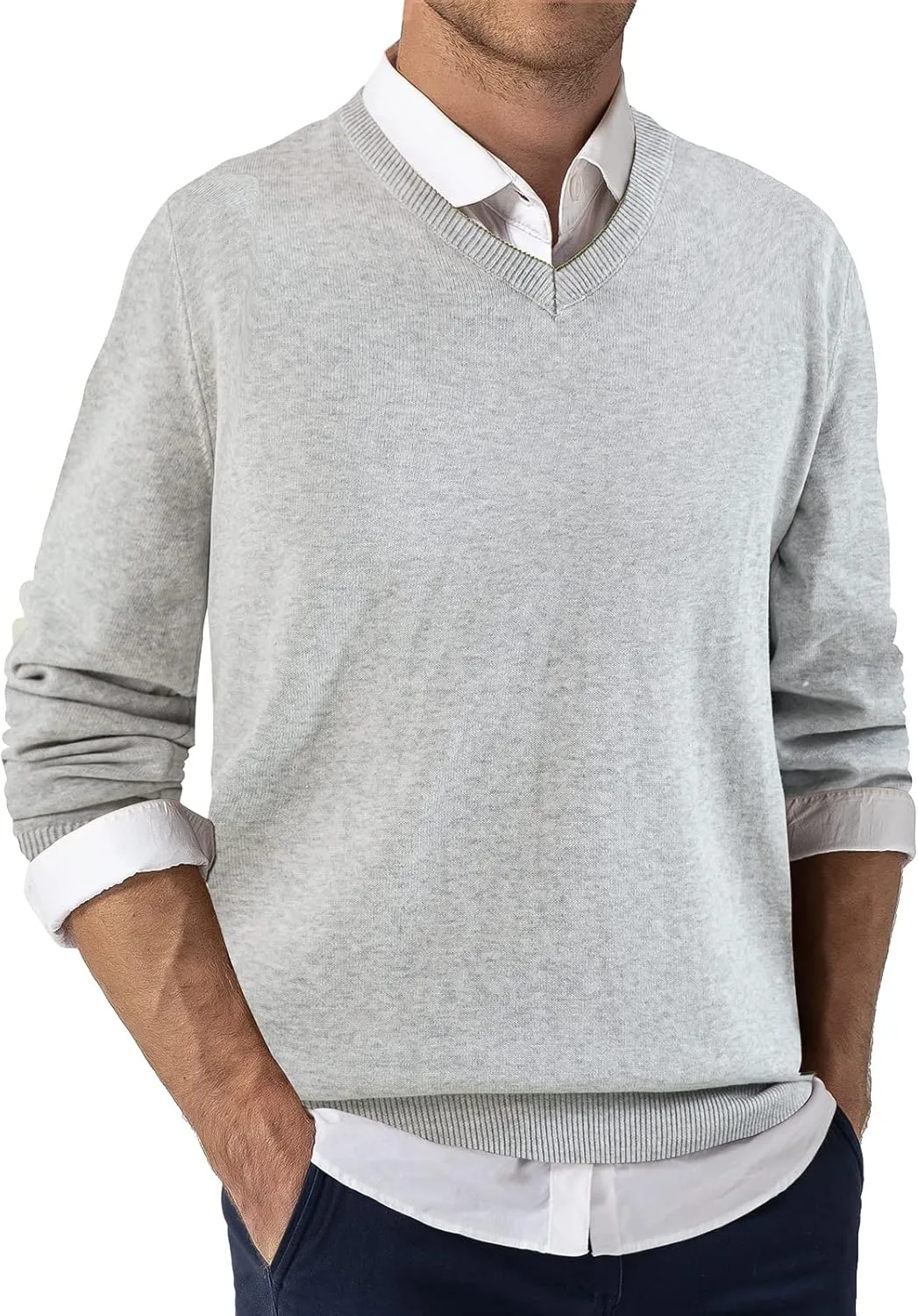QUALFORT Mens 100% Cotton V Neck Sweaters Casual Knitted Pullover Sweater