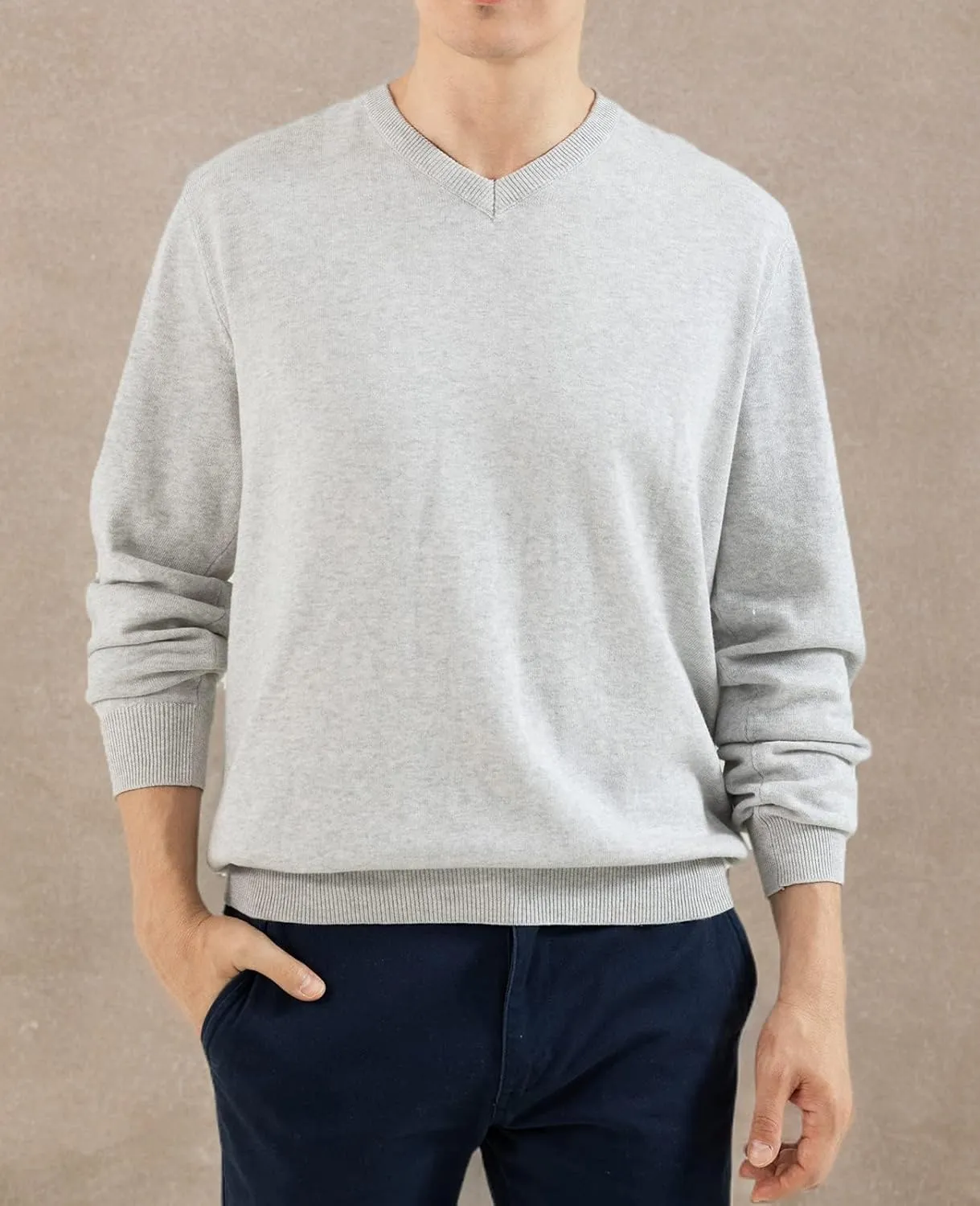 QUALFORT Mens 100% Cotton V Neck Sweaters Casual Knitted Pullover Sweater