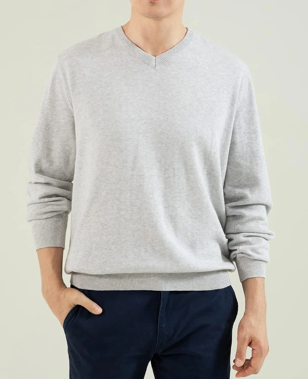 QUALFORT Mens 100% Cotton V Neck Sweaters Casual Knitted Pullover Sweater