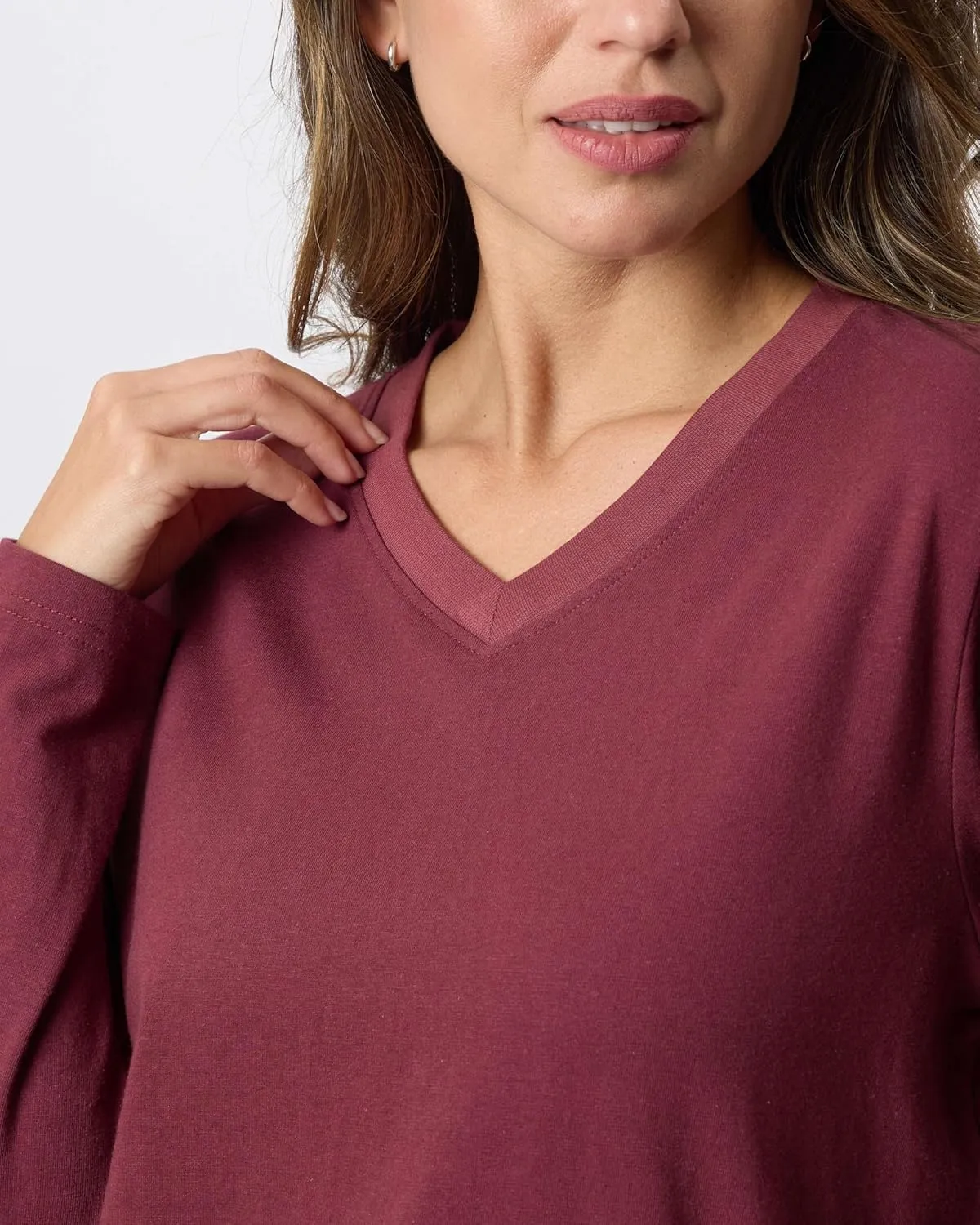 Real Essentials 4 Pack: Women's V-Neck Cotton Long-Sleeve T-Shirt (Available in Plus Size)