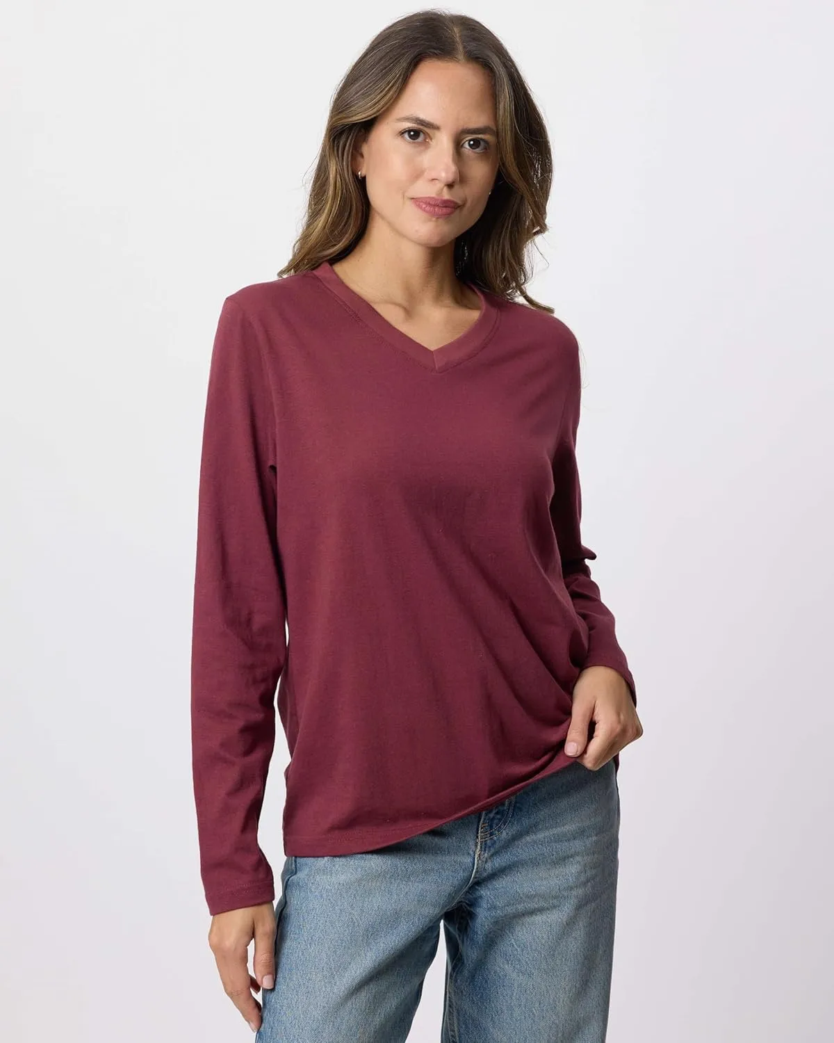 Real Essentials 4 Pack: Women's V-Neck Cotton Long-Sleeve T-Shirt (Available in Plus Size)
