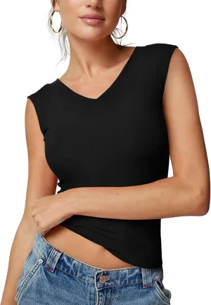 REORIA Womens Sleeveless V Neck Tank Tops Basic Tops Cap Sleeve T Shirt Tee Spring Summer Tops Casual Slim Fit Ribbed Top