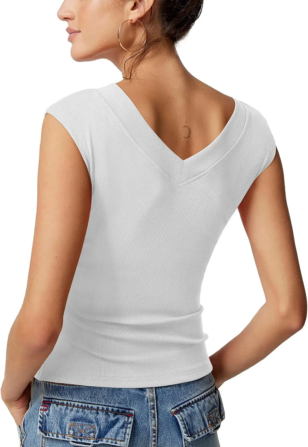 REORIA Womens Sleeveless V Neck Tank Tops Basic Tops Cap Sleeve T Shirt Tee Spring Summer Tops Casual Slim Fit Ribbed Top